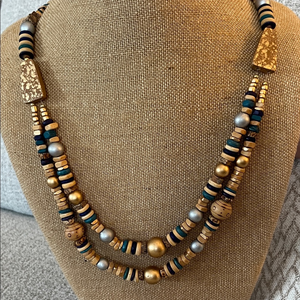 Casual Corner Gold and Blues Wooden Beaded Double Strand‎ Necklace